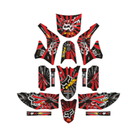 Archivo vectorial para confeccionar las calcos de la moto KAWASAKI KLX FOX rayos rojo y negro, con plantilla